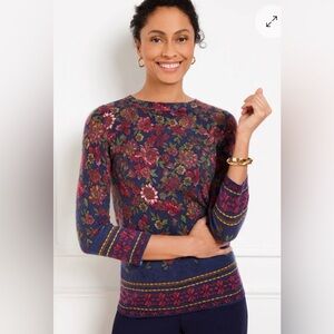Talbots Audrey Cashmere Sweater – Floral Print – Size L | Burgundy Navy Gold